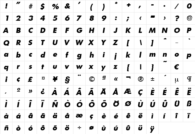 Limerick-ExtraBoldIta Regular  glyph index