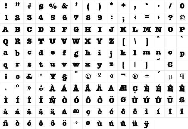 Typewriter-Heavy Regular  glyph index