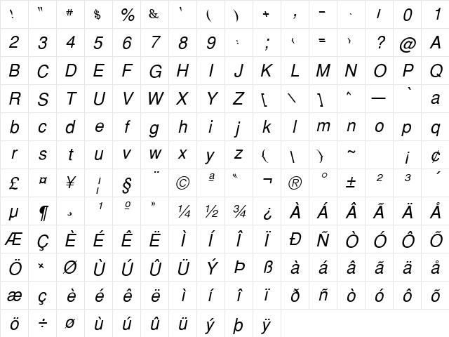 WinSoft Naskh Pro MediumItalic  glyph index