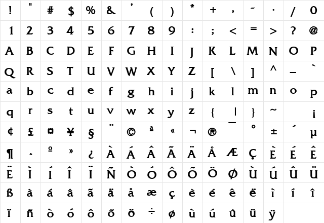 Franco Bold  glyph index