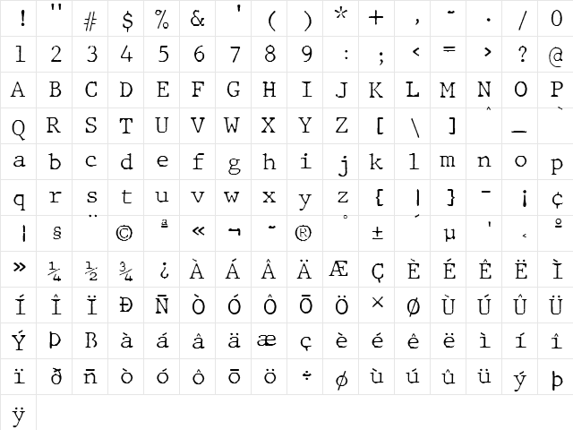 JMH Typewriter mono Fine Regular  glyph index