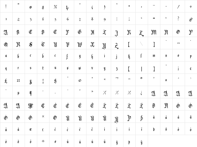 Revolver Blackletter Regular  glyph index