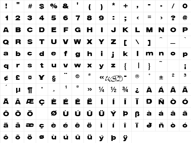 ArenaBlackExtended Regular  glyph index