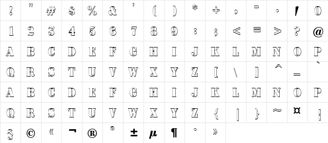 a_SignboardTitulNrSh Regular  glyph index