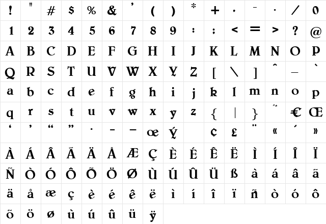 Bienvenue Regular  glyph index