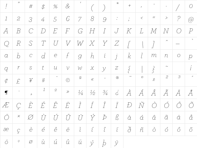ArcherPro Extra Light Italic  glyph index