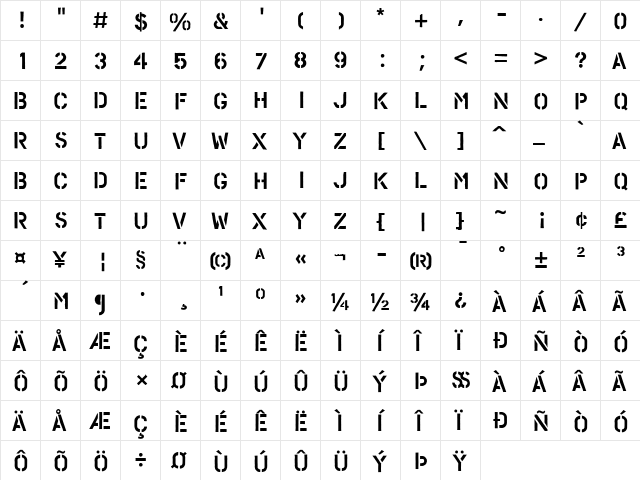 PF Stamps Pro Rough  glyph index