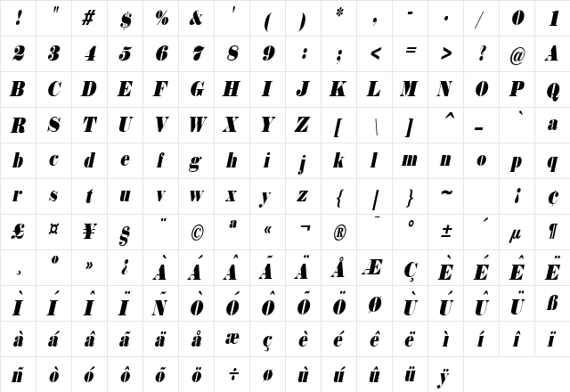 Norway Thin Italic  glyph index