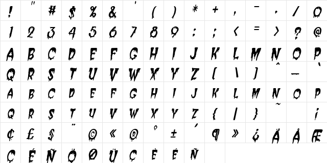 CreeperCondensed Italic  glyph index