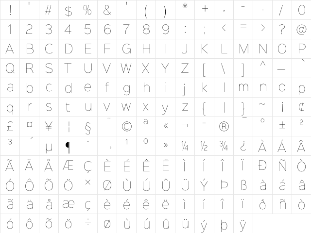 Sinkin Sans 100 Thin Regular  glyph index