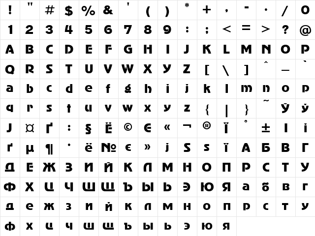 UkrainianAdverGothic Regular  glyph index