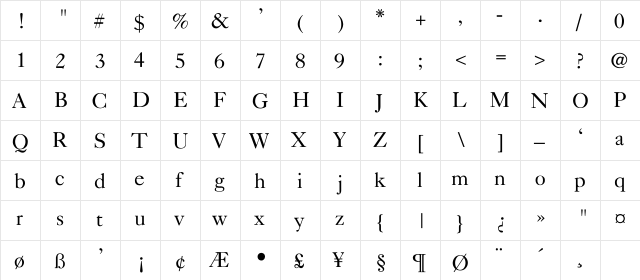 Caslon-Light Regular  glyph index