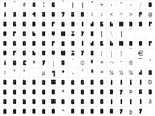 GlazeCondensed Normal  glyph index