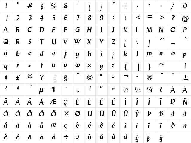 Lydian Bold Italic  glyph index