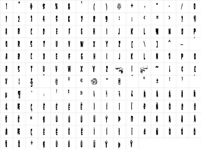 SamdanEvilCondensed Regular  glyph index