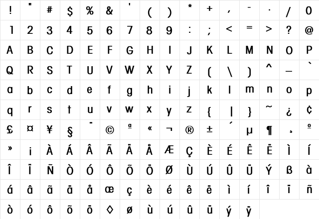 Aubade Condensed Bold  glyph index
