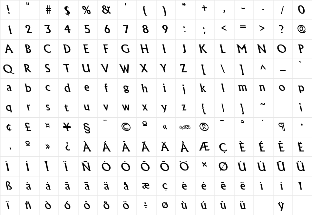 AlbertaBackslant Regular  glyph index