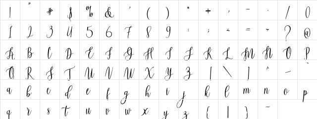 Beautiful Script Light  glyph index