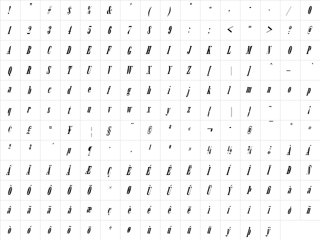 Arsis Becker Italic  glyph index
