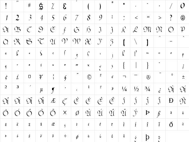 ClassicBookerFont77 Regular  glyph index
