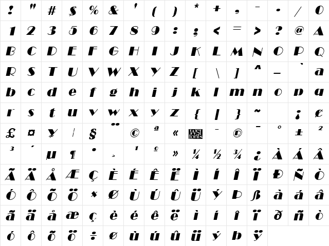 Marquee Italic  glyph index