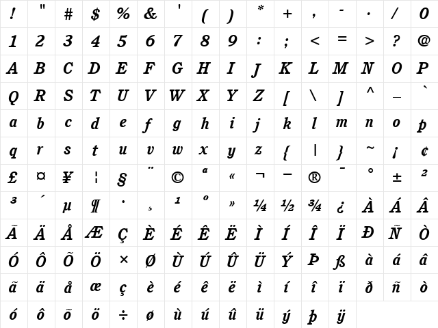 ITCCushing BoldItalic  glyph index