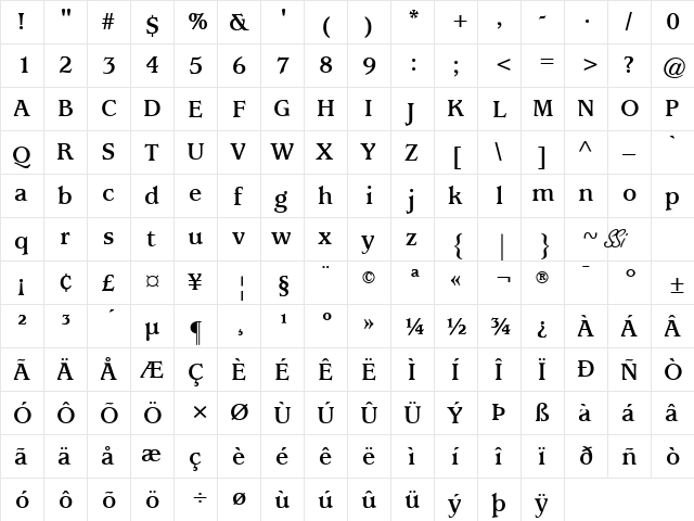 Exposition SSi Bold  glyph index