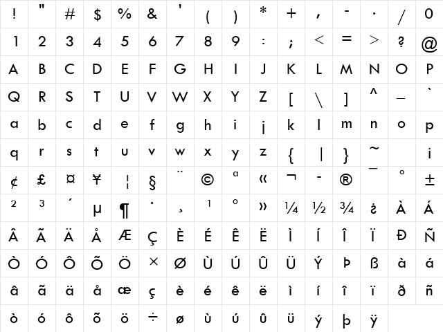 Tw Cen MT Regular  glyph index
