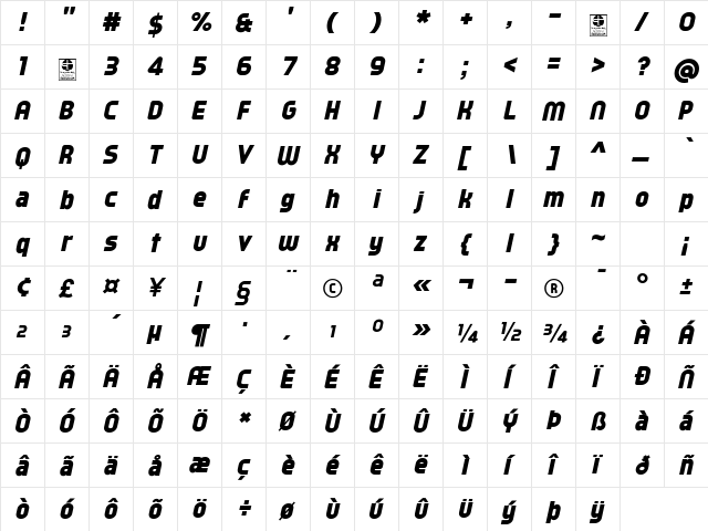 Typo Oval Black Demo Italic  glyph index