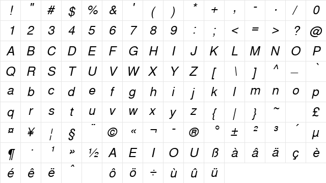 GreekSansSSK Italic  glyph index