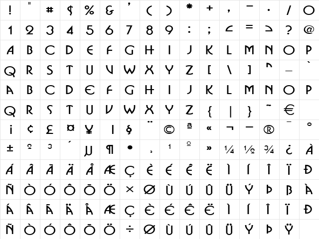 BosniaWide Normal  glyph index