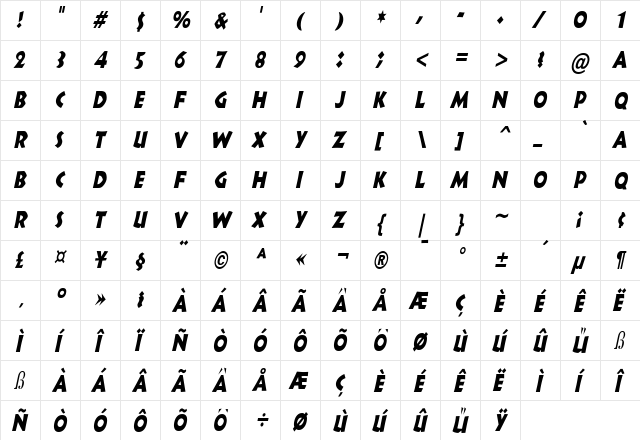 Indy Thin Italic  glyph index