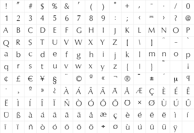 ColumbiaSerial-Xlight Regular  glyph index