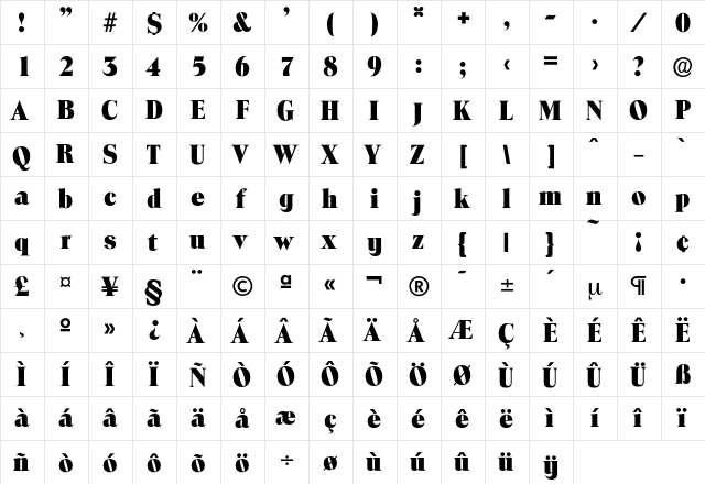 Toledo-ExtraBold Regular  glyph index