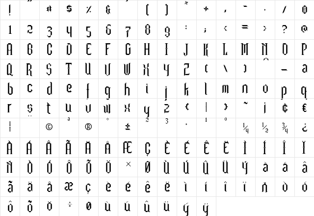Barjola Condensed  glyph index