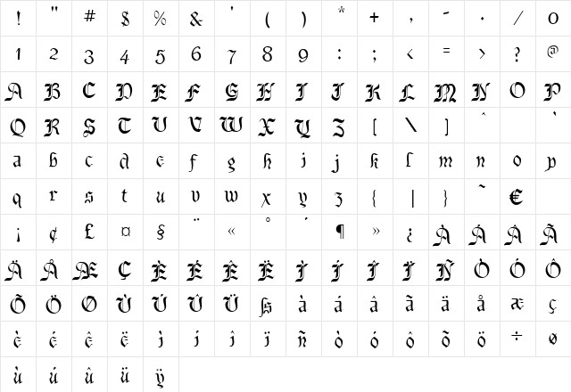 Preussen Regular  glyph index
