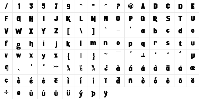 Skaters Regular  glyph index