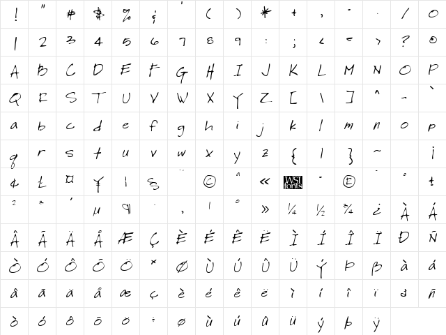 LeroysHand Regular  glyph index