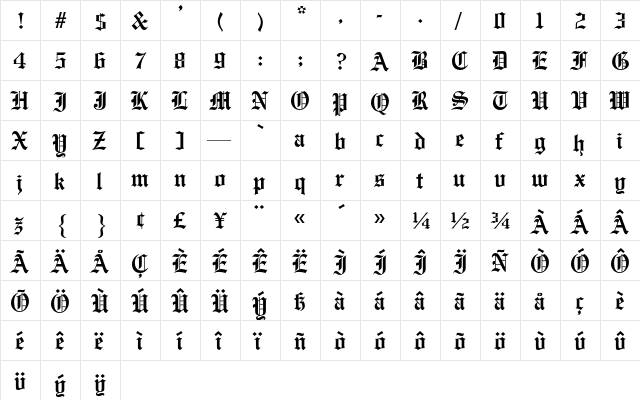 Old English AT Regular  glyph index