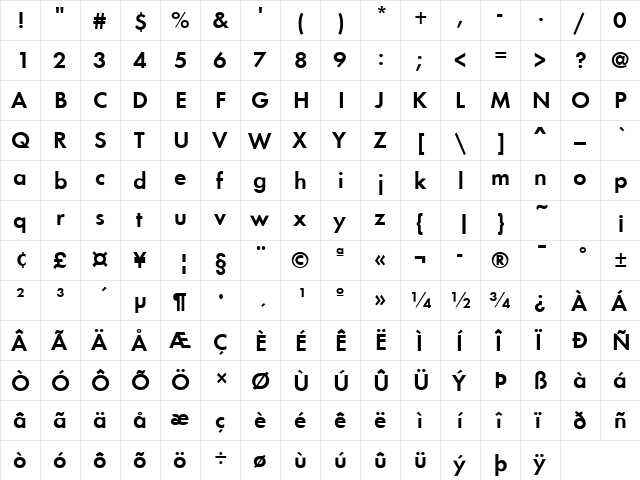 Function Bold  glyph index