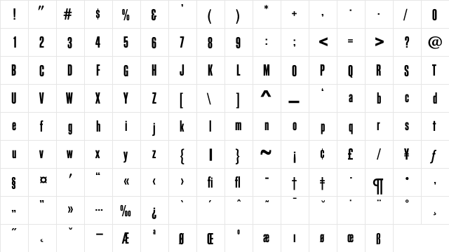 BlockGothicBoldExtraCond Regular  glyph index