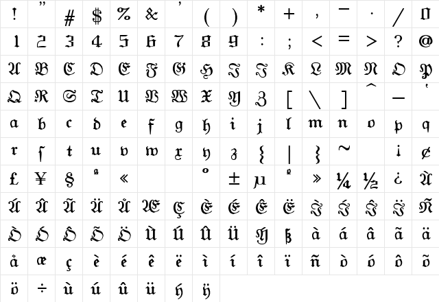 SWGothg Regular  glyph index