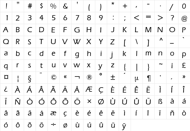 Eras BQ Regular  glyph index