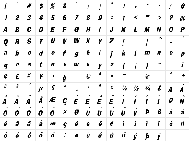 Alor Narrow Condensed BoldItalic  glyph index