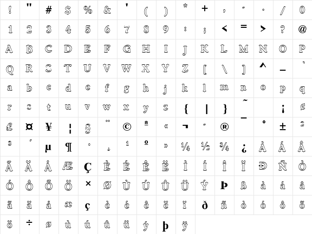 WorcesterRouOutDBol Regular  glyph index