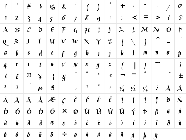 Humana Script ITC TT Bold  glyph index