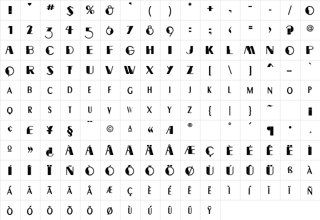RightBank Regular  glyph index