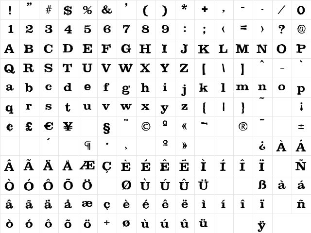 ClareAntique Bold  glyph index