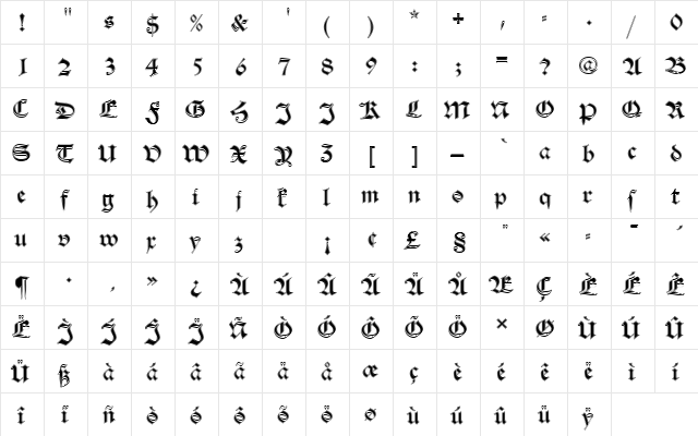 AlteSchDIn1 Regular  glyph index