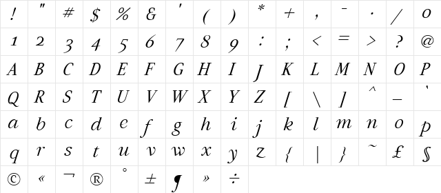 Artemius SN Light Italic  glyph index